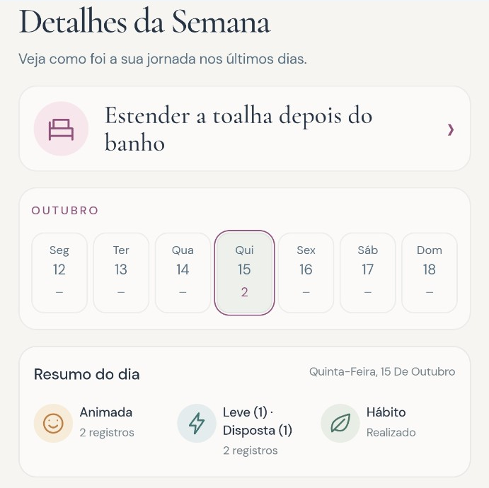 Captura real do resumo diário da Minha Semana, recortada antes das observações pessoais.